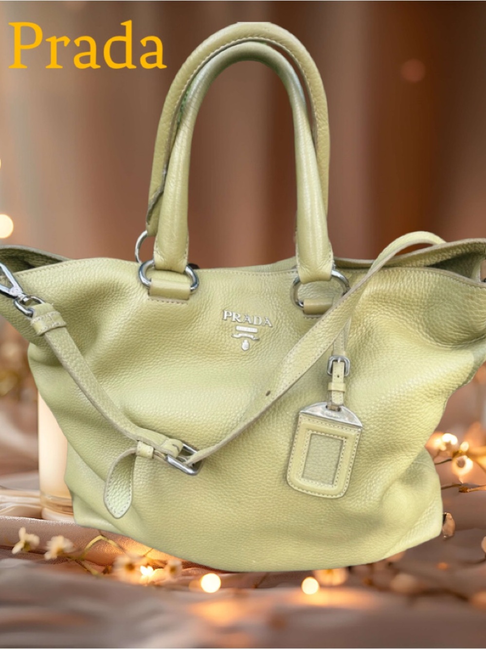 PRADA VITELLO DAINO MOSS GREEN  LEATHER SHOPPER TOTE BAG / HANDBAG 💚👜